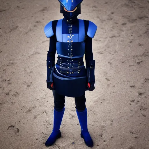 Image similar to low angle upper view of Austin Butler dressed in futuristic-baroque prussian blue duelist-garb and nanocarbon-vest and greaves, standing in an arena in Dune 2020, XF IQ4, f/1.4, ISO 200, 1/160s, 8K, RAW, unedited, symmetrical balance, face in-frame