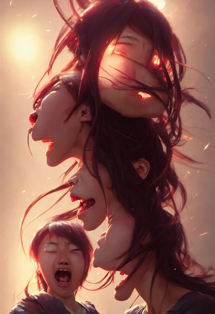 Image similar to beautiful render, futuristic cute japanese teenager screaming in anger and frustration, intricate, elegant, highly detailed, digital painting, artstation, concept art, smooth, sharp focus, octane render, dramatic lighting, art by artgerm and greg rutkowski and alphonse mucha and wlop