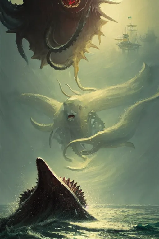 Image similar to greg rutkowski poster, kraken attacking a seaside town