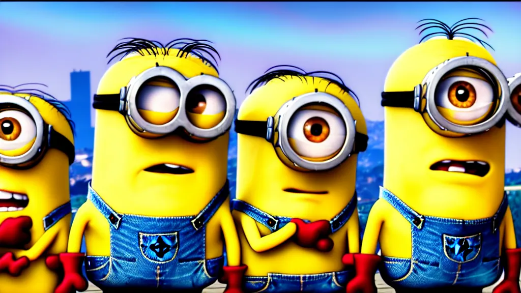 Prompt: minions holding guns gta v loading screen in the style of stephen bliss, widescreen