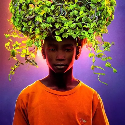 Image similar to colourful vfx art - portrait of nigerian boy wrapped in flowers & vines, art by frank frazetta & tadanori yokoo, volumetric light, ray tracing, unreal engine, octane render, sharp, detailed, digital painting, illustration, highly detailed, intricate detail, pinterest, behance, art station,