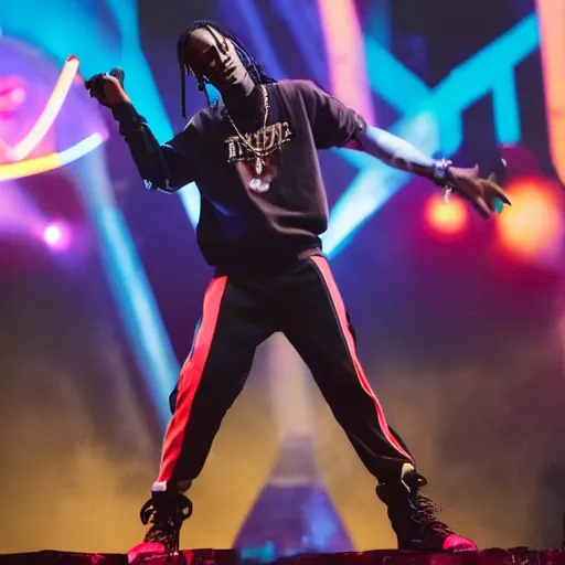 Prompt: travis scott doing a fortnite dance in astroworld concert,