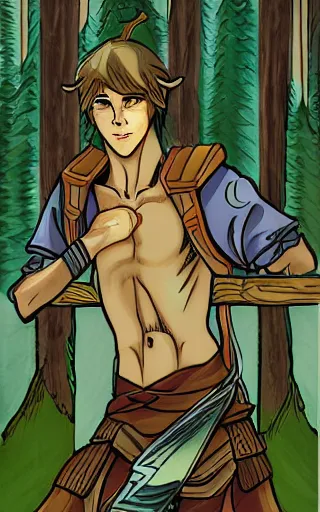 Image similar to an wood elf boy getting ready for an high fantasy adventure on the mountain side, anime style, tarot card, Tarot card the fool, fine line work