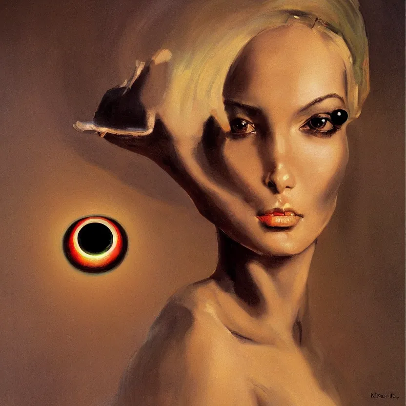 Prompt: portrait painting of an elegantly beautiful alien woman with big glowing eyes, by norman rockwell. muted colors, soft gradients. dark background. trending on artstation. retrofuturism.