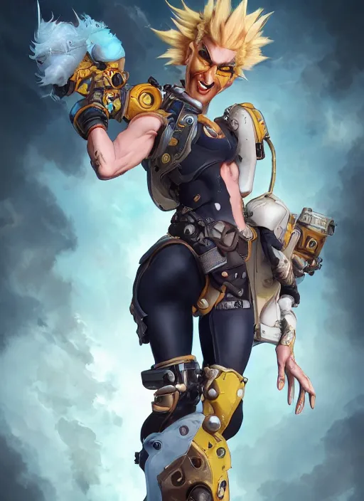 Prompt: character portrait of a fusion of Junkrat from Overwatch and Mercy from Overwatch by ArtGerm and Tom Bagshaw, 4k, highly detailed, cinematic lighting, characters merged