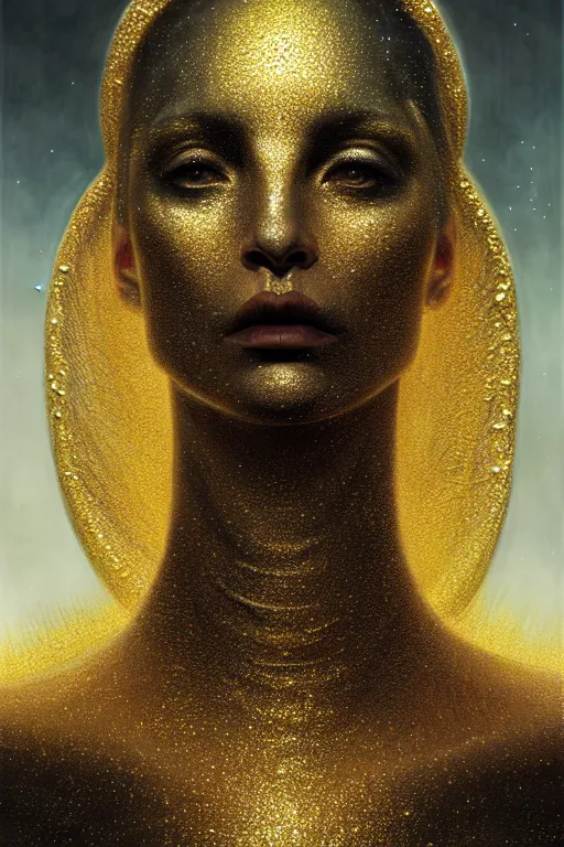 Prompt: pearlescent!! black lilith! the primordial mother of all monsters!! stares into the sky, covered in gold glitter!!, raining ash, fine art masterpiece, highly detailed dino valls wayne barlowe machiej kuciara, dramatic lighting, medium shot, side angle, uhd 8 k, sharp focus