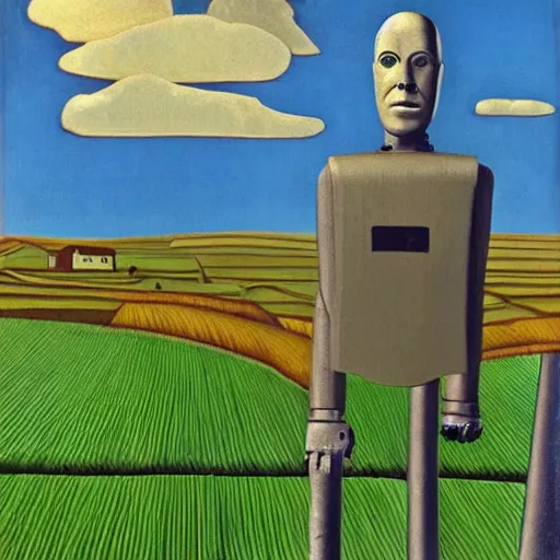 Image similar to robot portrait farmland, grant wood, american gothic from grant wood style