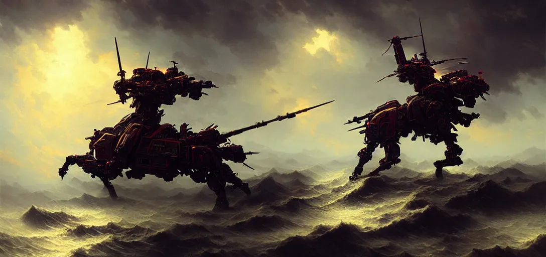 Image similar to 8 k art photography shot art shot, hyperrealistic, hyperdetailed, super detailed, uhd, uhd, 8 k, high resolution, large group of ancient samurai attack futuristic military mech, painting by ross tran and ivan aivazovsky