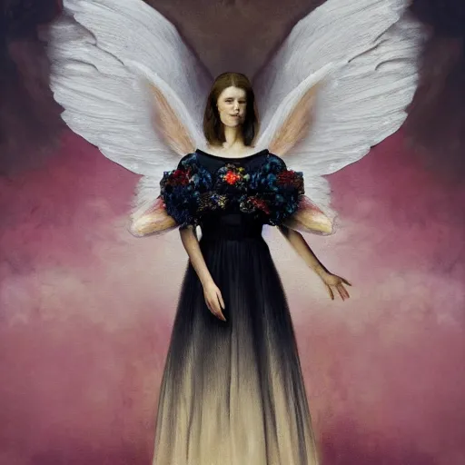 Prompt: A Black background portrait of An angel in a dress made of flowers by Zdzisław Beksiński and greg rutkowsk and John Singer Sargent,In style of digital illustration art,Rembrandt lighting,Ray tracing,hyper detailed,sharp focus,Soft light.4k