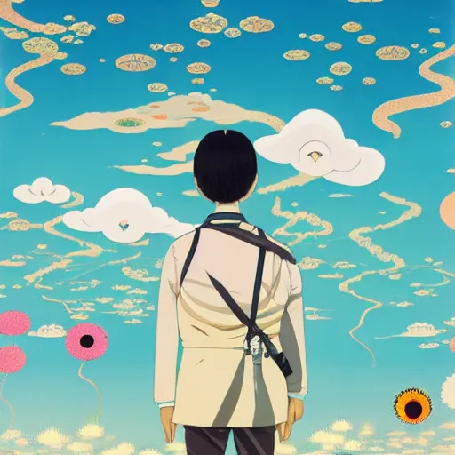 Image similar to a man walking on clouds away from the camera above kyoto by takashi murakami, beeple and james jean, aya takano color style, 4 k, super detailed, modern, 4 k, symmetrical