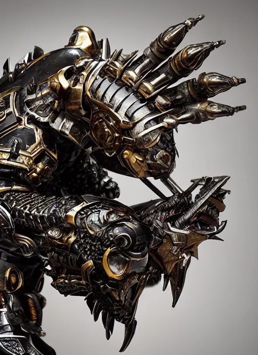 Image similar to hyper realistic glorious ancient wargreymon in a obsidian metal armor, futuristic design, designed by makoto kobayashi and luca zampriolo, portrait, cyberpunk style, wood and gold details, intricate, extremely detailed, ornate, deep of field, hard surface, exoskeleton, substance designer metal unreal engine. amazing likeness. very detailed.