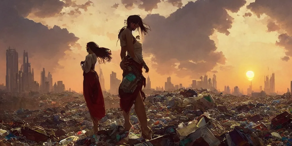 Image similar to seen from broken window!! garbage dump, city is pure wasteland, sunset in background, detailed characters, alphonse mucha, greg rutkowski, trending on artstation, artgerm, breathtaking, sharp focus, smooth, mark arian, award winning, highly detailed 4 k art