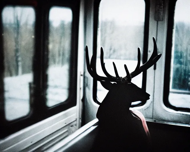 Prompt: a lomography photo of rumble between two human with deer head in soviet train this morning, bokeh,