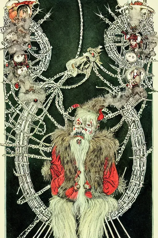 Image similar to victorian gruss vom krampus in the center of a frame made of christmas ornaments, art by kay nielsen and walter crane, illustration style, watercolor