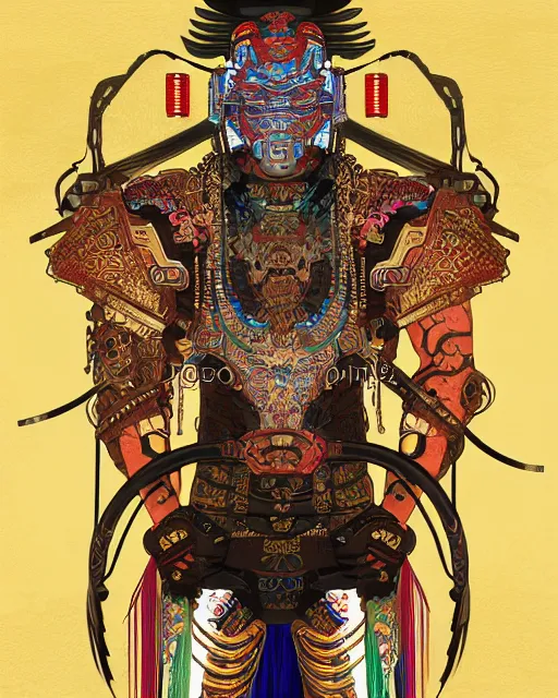 Image similar to portrait of a mayan masculine male cyberpunk jaguar warrior, machine face, upper half portrait, decorated with chinese opera motifs, muscular, asian, fine china, wuxia, traditional chinese art, intricate intense elegant, highly detailed symmetry headpiece digital painting artstation concept art smooth sharp focus illustration, art by moebius and frank miller alphonse mucha 8 k