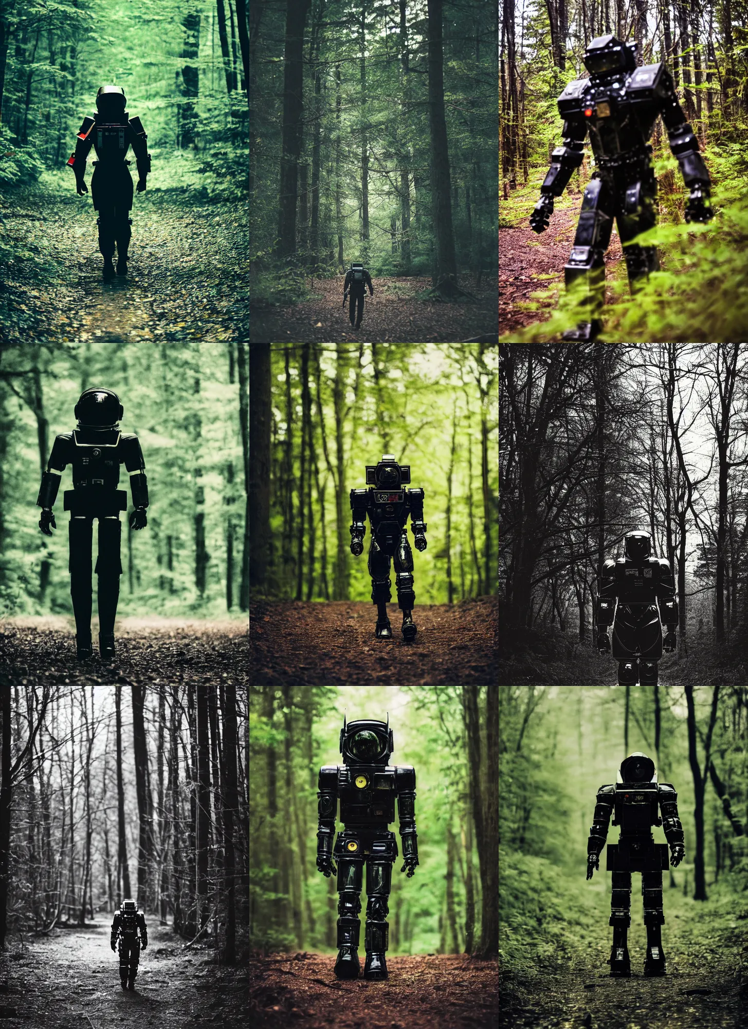 Prompt: a 3 5 mm photo from the front of a black detail giant mecha armored war astronaut walking in the woods, splash art, movie still, bokeh, canon 5 0 mm, cinematic lighting, dramatic, film, photography, depth of field, award - winning, backlighting, overcast, 8 k, hyper detailed, 3 5 mm film grain