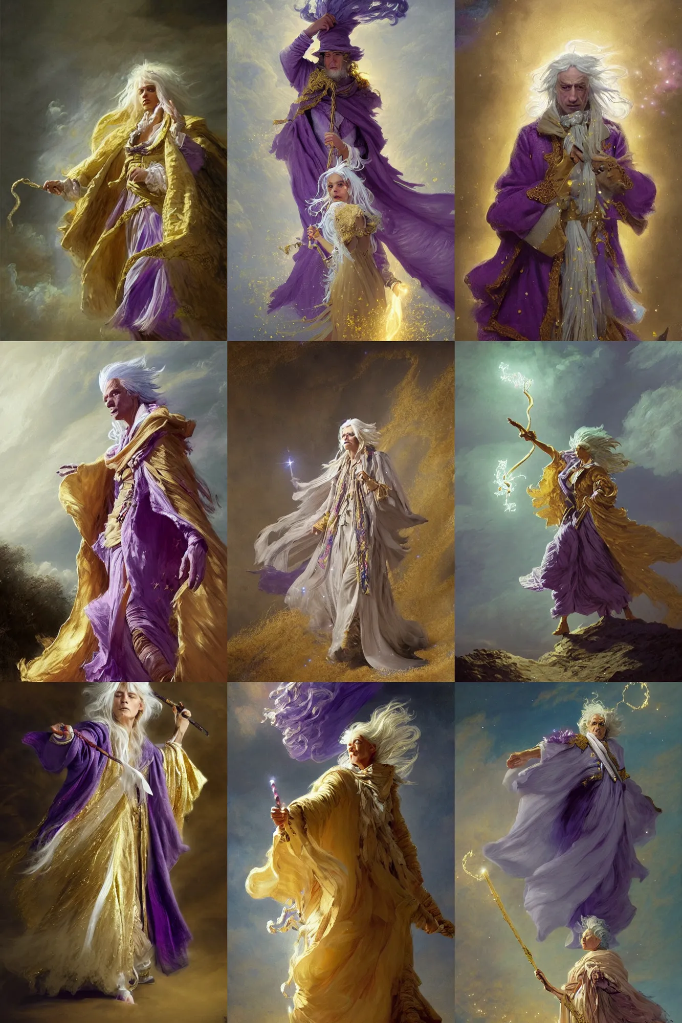 Prompt: a wizard with long light white hair and a gold scarf, windy, cape, purple ribbons, stars, melancholic, modern maximalist fashion dress, is ( ( holding a staff ) ). light dust, magnificent, hyperdetailed, theatrical, painted by jean honore fragonard and greg rutkowski