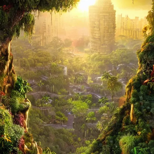 Prompt: hanging gardens, beautiful garden city, lush paradise, matte painting, opulent, golden hour lighting