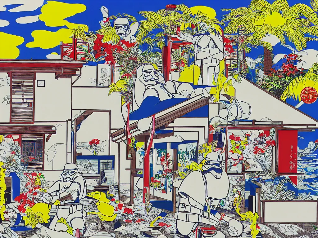 Image similar to hyperrealism composition of the japanese house with a hot springs in the garden, detailed stormtrooper in hot springs, pop - art style, jacky tsai style, andy warhol style, roy lichtenstein style, acrylic on canvas