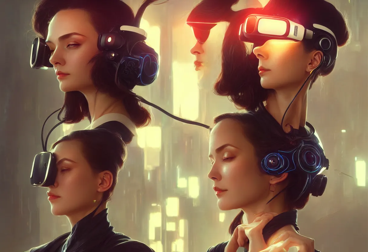 Image similar to beautiful render, futuristic businesswoman with VR headset, cyberpunk, intricate, elegant, highly detailed, digital painting, artstation, concept art, smooth, sharp focus, octane render, dramatic lighting, art by artgerm and greg rutkowski and alphonse mucha and wlop