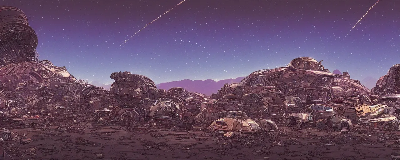 Prompt: a massive space junkyard on a barren world. the enviroment is cluttered with old broken sci fi vehicles piled in hills . Landscape image showing a huge tangle of junk. a distant mountain and stars in the sky. Moebius. digital painting. extremely detailed science fiction art. high resolution image.