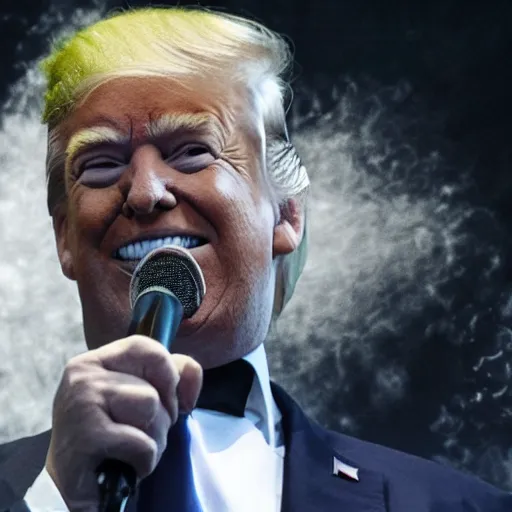 Prompt: donald trump on stage as the lead vocalist in a black metal band