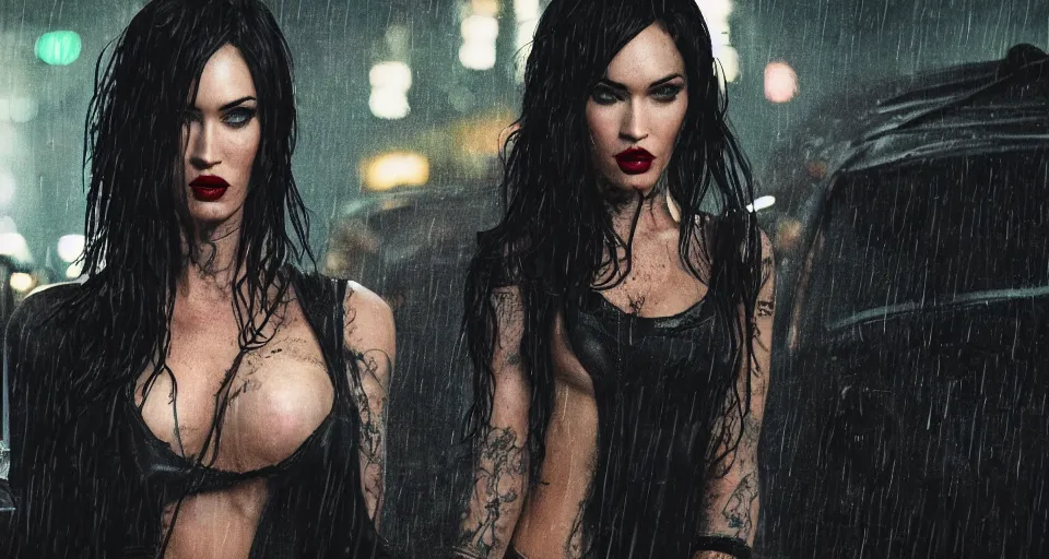 Prompt: a 2 8 mm closeup photo of megan fox posing as a vampire in emo clothing in a wet city street at night, intricate, hyper detailed, smooth, high contrast, neon, volumetric lighting, octane, moebius, greg rutkowski, blade runner, ripley scott, mad max, cindmatic