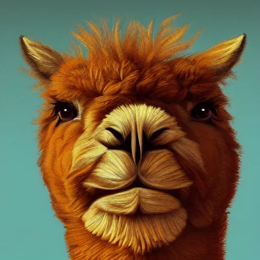 Prompt: Portrait of a cool looking alpaca, digital painting, highly detailed, art by Magritte, artstation, concept art, smooth, sharp focus, illustration