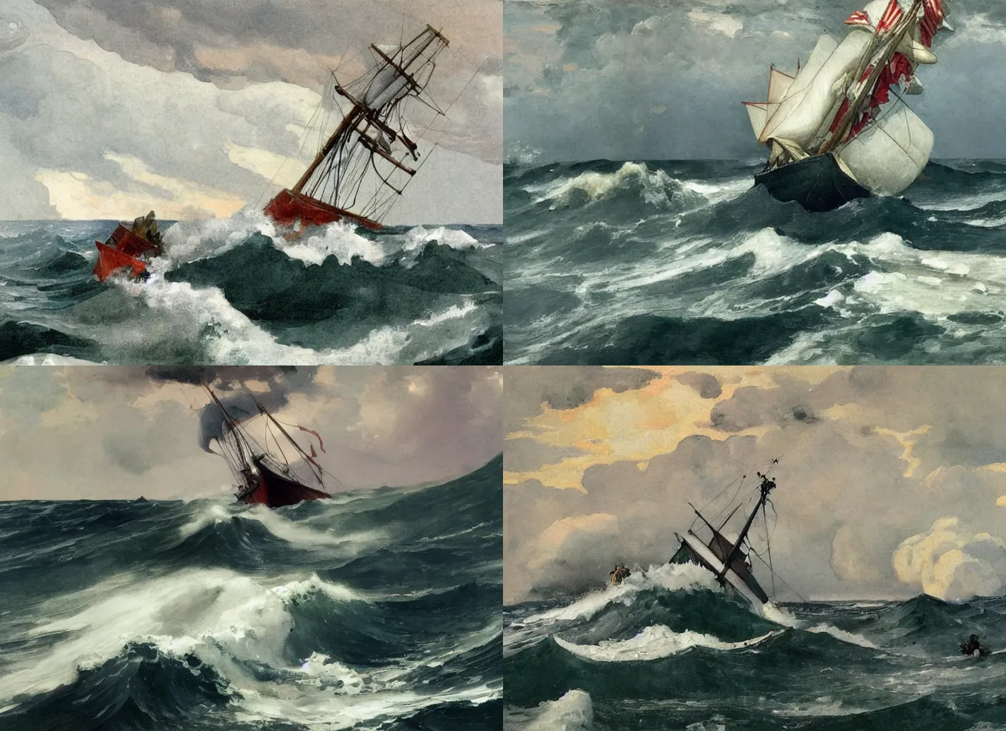 Prompt: painting of Kirby manning a ship being tossed about by the stormy sea painted by Winslow Homer, dramatic nautical scene, dangerous waves, masterwork painting of the tumultuous North Sea