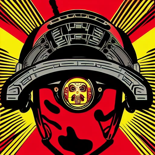 Image similar to Illustrated by Shepard Fairey and H.R. Geiger | Cyberpunk Samurai with VR helmet, surrounded by cables