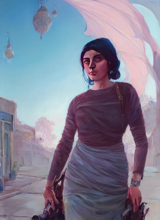 Image similar to highly detailed portrait of iranian woman in gta v, stephen bliss, unreal engine, fantasy art by greg rutkowski, loish, rhads, ferdinand knab, makoto shinkai and lois van baarle, ilya kuvshinov, rossdraws, tom bagshaw, global illumination, radiant light, detailed and intricate environment