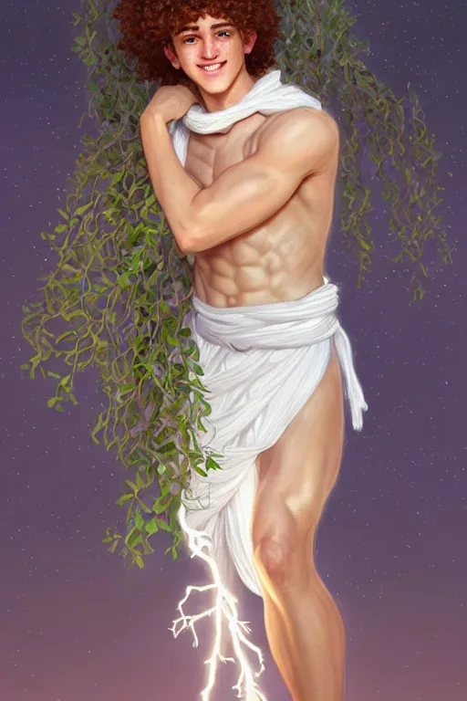 Image similar to portrait of teenage zeus, greek, short curly copper hair, smiling mischievously, wearing a white sash, olive tree, intricate, elegant, lightning bolt, glowing lights, highly detailed, digital painting, artstation, concept art, smooth, sharp focus, illustration, art by wlop, mucha, artgerm, and greg rutkowski