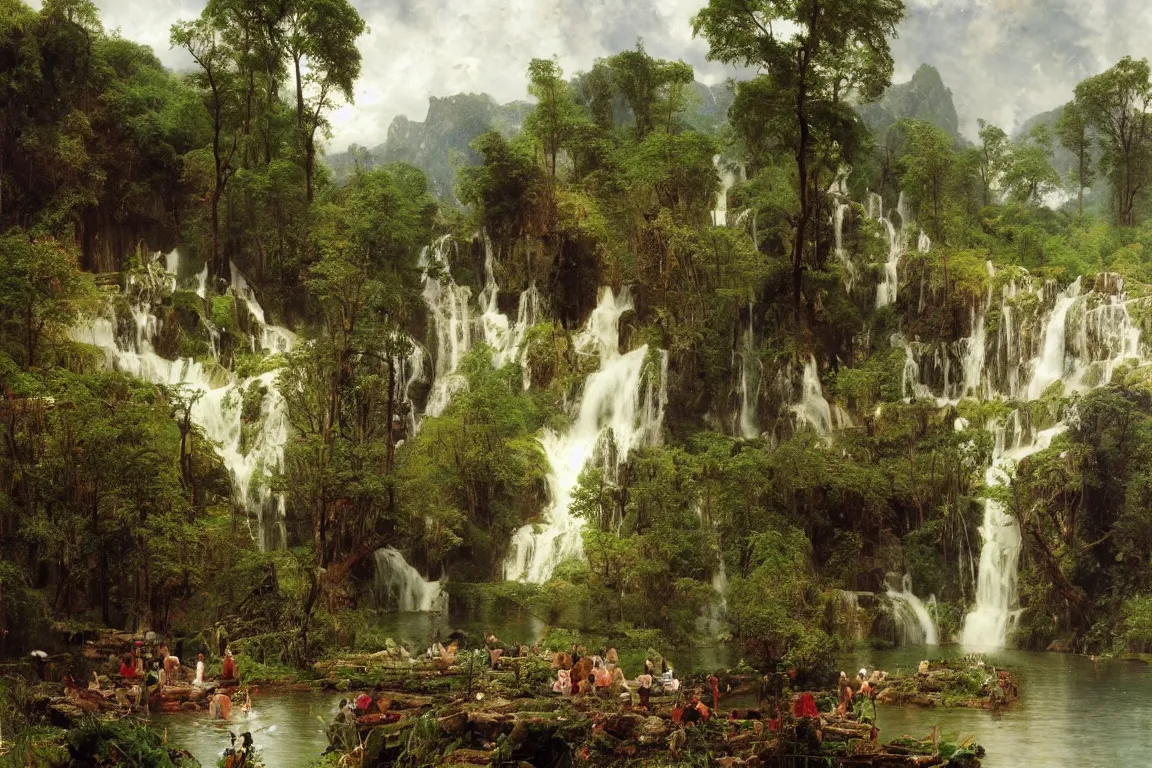 Image similar to a small village by a lake, waterfalls, cascades, very detailed, by john berkey, albert bierstadt, ruan jia, lawrence alma tadema, zdzislaw beksinski, carl spitzweg, everett raymond kinstler, norman rockwell, jack kirby, tom lovell, greg staples