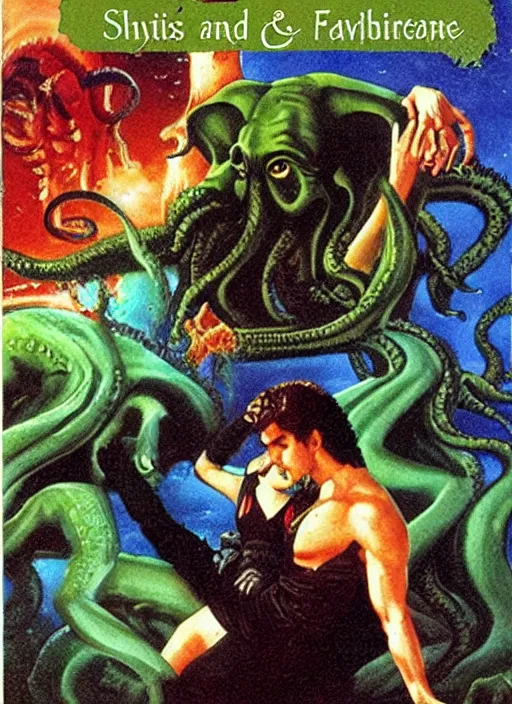 Image similar to mills and boon romance novel cover with cthulhu and fabio