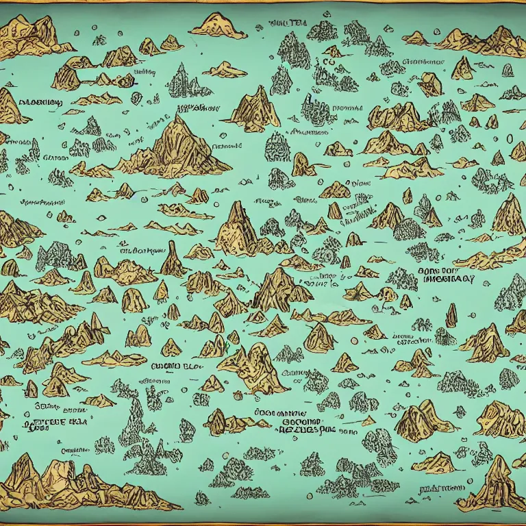Image similar to imaginary map of different realms, map of fantacy world, different realms, mobile game art, blueprint, infographic, vintage theme, on paper, green jungles + dark mountains + gold desert + blue sea + gray city, with notes, highly detailed, hyper realistic