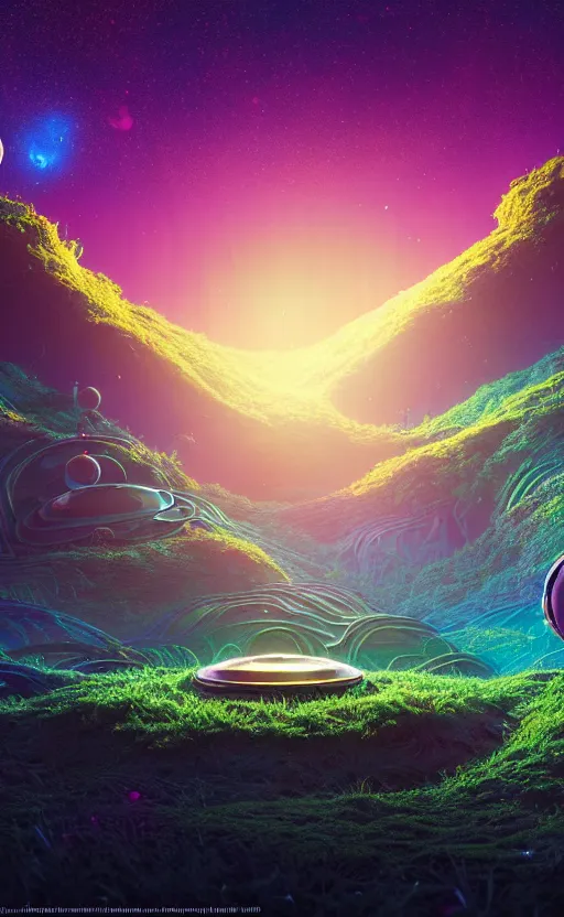 Image similar to An amazing alien landscape with lush vegetation and colourful galaxy foreground, digital art, breathtaking, golden ratio, extremely detailed, hyper-detailed, establishing shot, hyperrealistic, cinematic lighting, particles, unreal engine, simon stålenhag, rendered by Beeple, Makoto Shinkai, syd meade, Kentaro Miura, environment concept, artstation, octane render, 8K UHD image