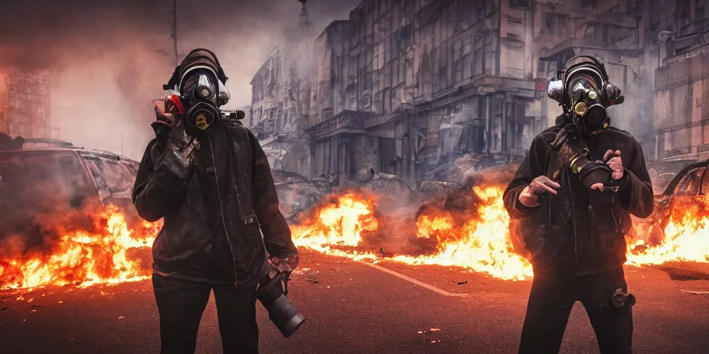 Prompt: post - apocalyptic city streets, close - up shot of an anarchist with a gasmask, burning cars, explosions, colorful smoke, hyperrealistic, gritty, damaged, dark, urban photography, photorealistic, high details