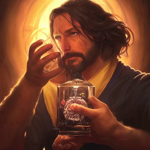 Image similar to man holding he's soul in a jar portrait, backlight, rim lighting, deep focus, d & d, fantasy, intricate, elegant, highly detailed, digital painting, artstation, concept art, matte, centered, sharp focus, illustration, hearthstone, art by artgerm, greg rutkowski and alphonse mucha