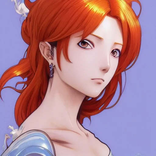 Image similar to intricately detailed vfx portrait of nami from one piece by eiichiro oda, makoto shinkai, alphonse mucha, art by artgerm and greg rutkowski, best of behance, concept art, matte, sharp focus, orange hair, elegant, adolphe bouguereau, annie leibovitz, stanley kubrick, 4 k hdr,