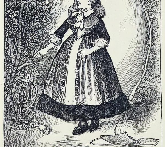 Image similar to Tenniel illustration portrait of Alice, walking in wonderland