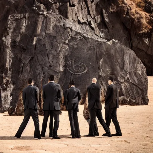 Prompt: Contamporary art fashion photography of ultra mega super hyper realistic detailed group of monkey's in suits standing around very highly detailed Obsidian monolith in the desert