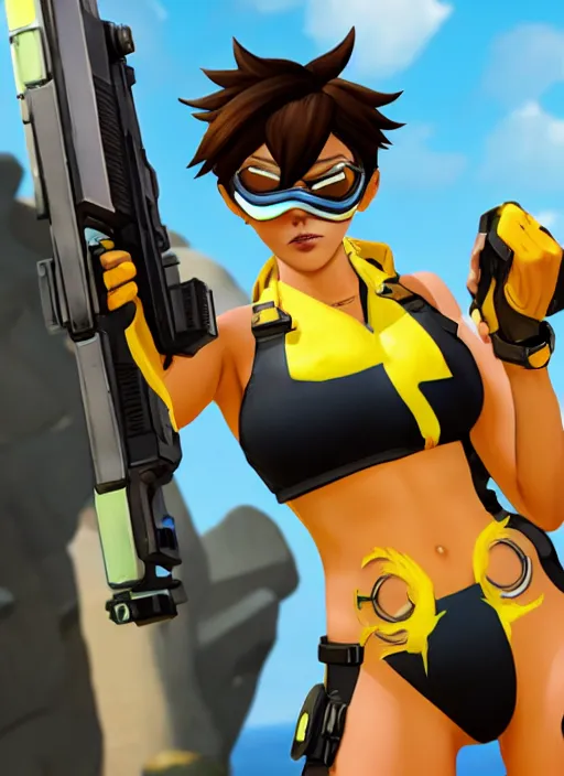 Image similar to tracer game character, in yellow bikini, blonde hair, black eyes, full height