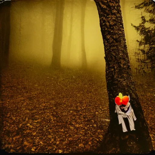 Image similar to eerie polaroid of a creepy clown peaking out from behind a tree in a forest at dusk