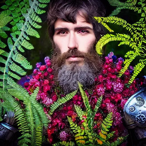 Image similar to a male knight with beard, stern face, clear eyes, shining armour made of steel, and fractal flowery hair in a fractal garden, glowing delicate flower, berries and ferns that grow in a dark flowering fantasy forest, full frame,