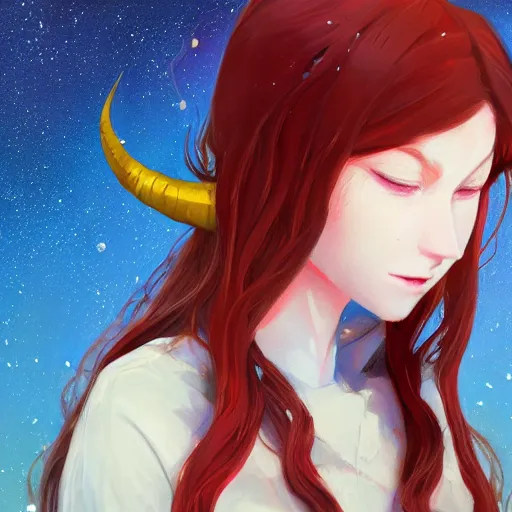 Image similar to portrait of a pale redheaded demon girl with yellow eyes and horns wearing a jacket, galaxy background, highly detailed, digital painting, artstation, matte, by makoto shinkai, animation style, studio ghibli, anime key visual