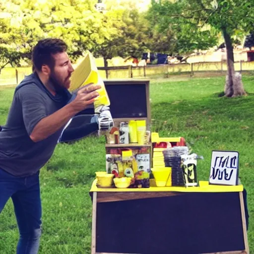 Image similar to a man roundhouse kicks a lemonade stand