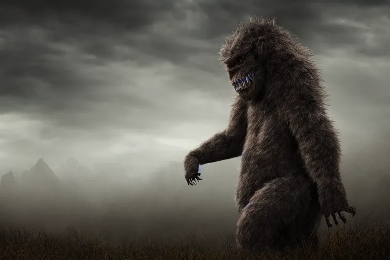 Image similar to a giant terrifying monster made out of detailed fur, standing faraway in the far distance, realism, photo realistic, high quality, misty, hazy, ambient lighting, cinematic lighting, studio quality, scary,