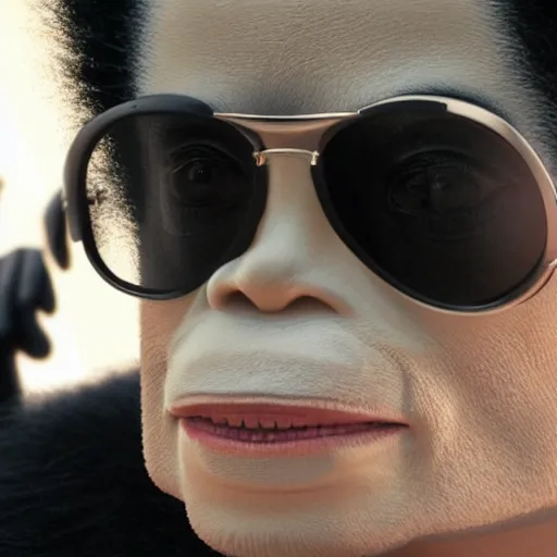 Image similar to michael jackson 2 0 0 9 wearing shades, alone, this is it style, photo real, pores, motion blur, sitting with bubbles the chimp window open, real life, spotted, ultra realistic face, accurate, 4 k, movie still, uhd, sharp, detailed, cinematic, render, modern