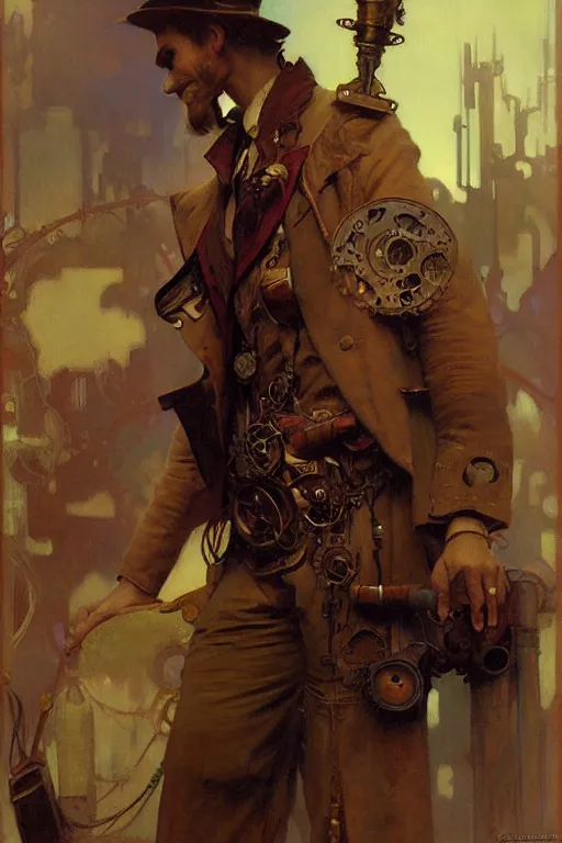 Image similar to attractive man, steampunk style, painting by gaston bussiere, craig mullins, greg rutkowski, alphonse mucha