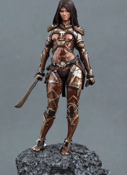 Prompt: 80mm resin detailed miniature of a beautiful muscular female, clothed in worrier armor, brown skin, short dark hair, beautiful bone structure, symmetrical facial features, Product Introduction Photos, 4K, Full body